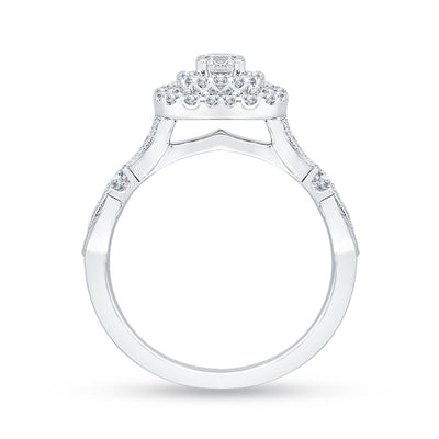 Scalloped Band Diamond Halo Engagement Ring